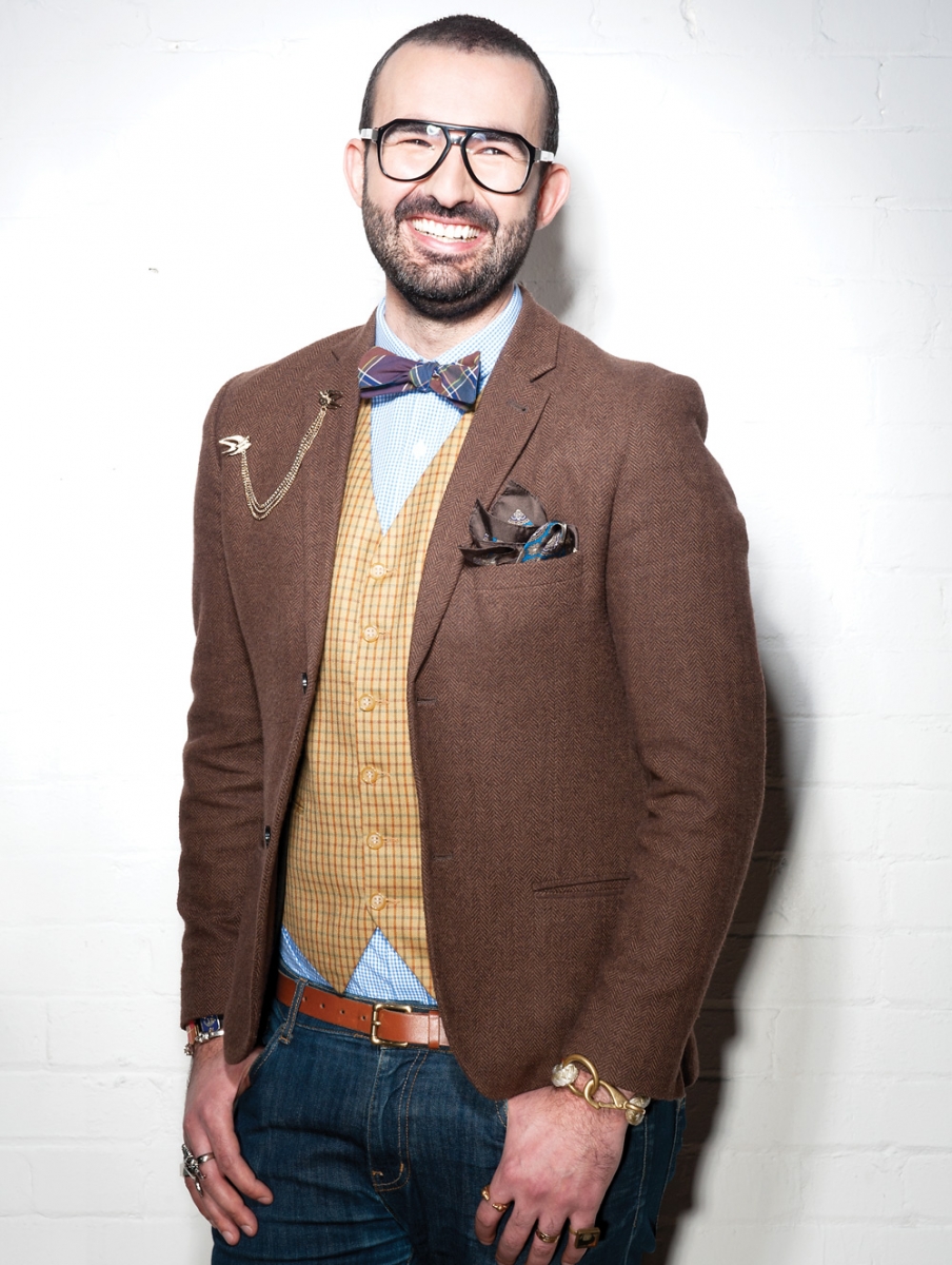 Jacket from Topman; vest from Payandehjoo’s grandfather; shirt from French Connection; jeans from H&M; Dsquared2 glasses; bow tie from Pierrepont Hicks; pocket square from Zara; belt and collar tips, both from ASOS; Alexander McQueen skull bracelet; gold bracelet was found unclaimed in a change room at Zara; rings, various retailers