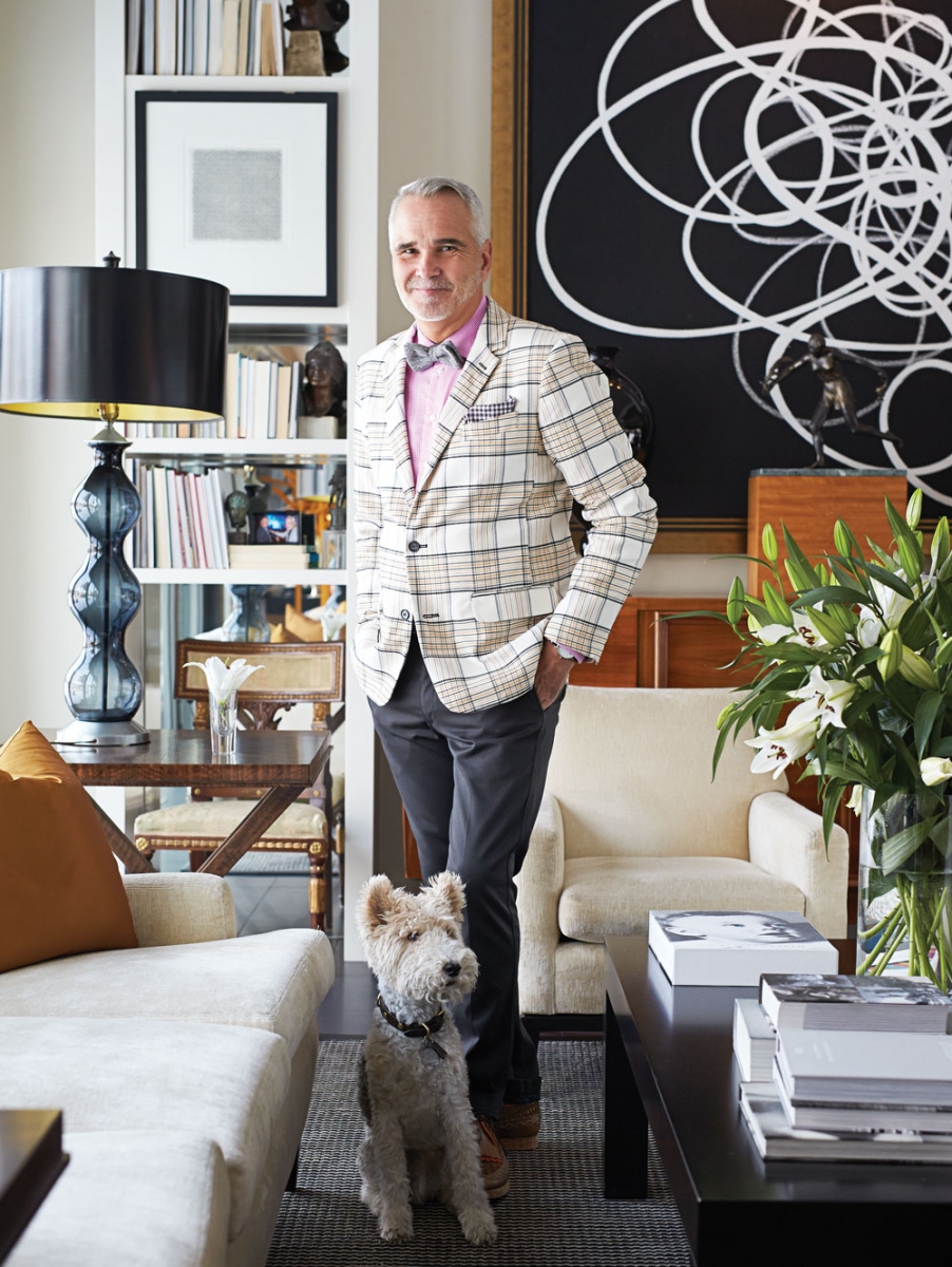 Mr. Turk jacket; Eton shirt and pocket square, both from Harry Rosen; Levi’s pants; Burberry shoes. Paul Lavoie is pictured with his wire fox terrier, Edward.