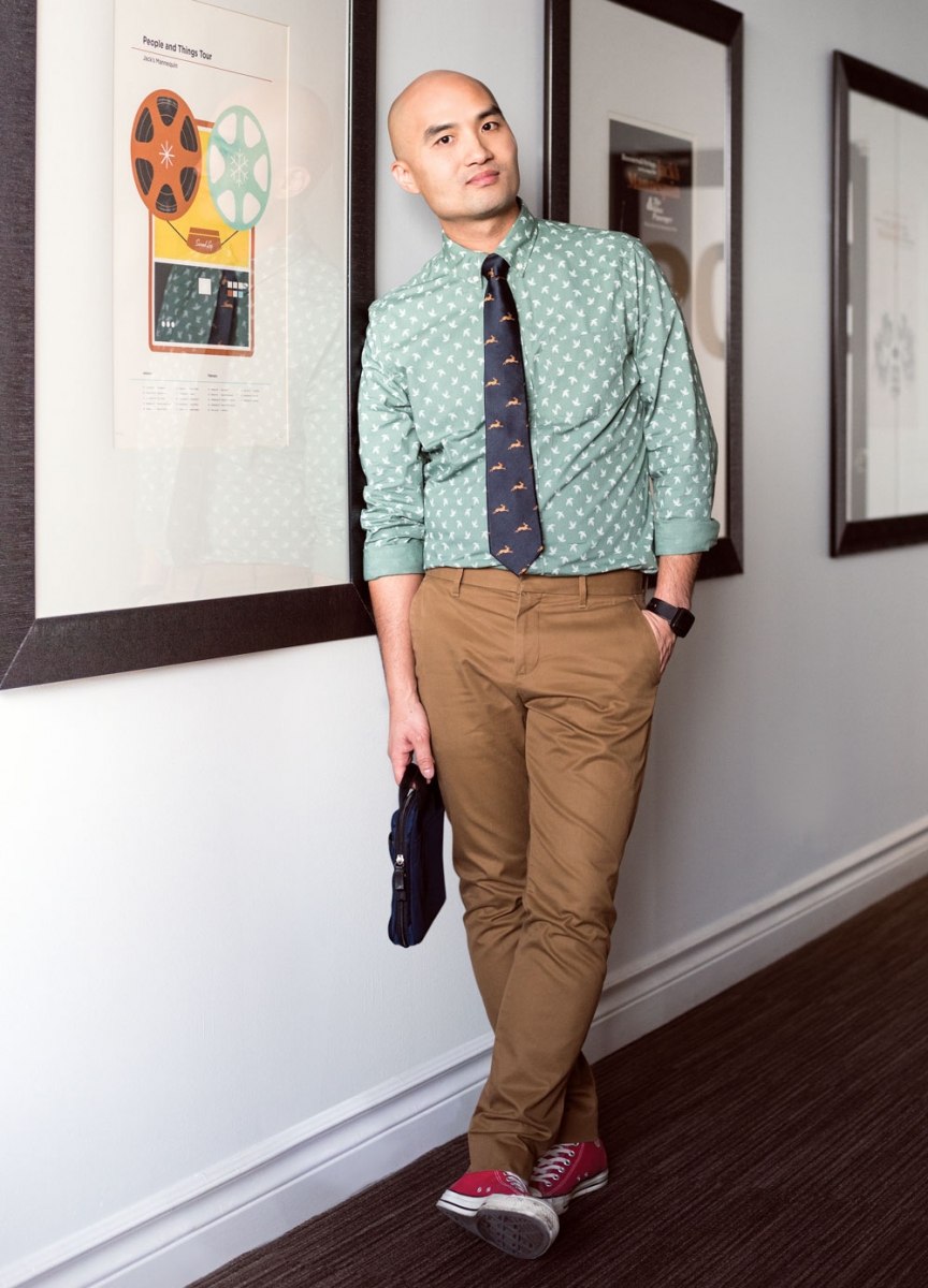 Gap pants and shirt; Banana Republic tie; Pebble watch; Coach briefcase; Converse shoes.