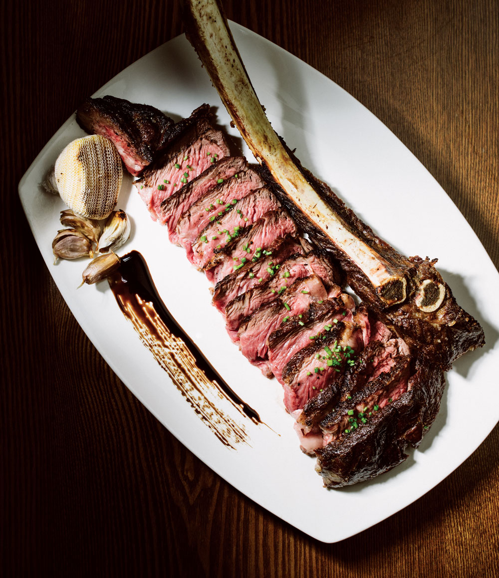 Tomahawk steak, 36-oz. bone-in, 40-day dry aged AAA Alberta beef tomahawk ribeye.