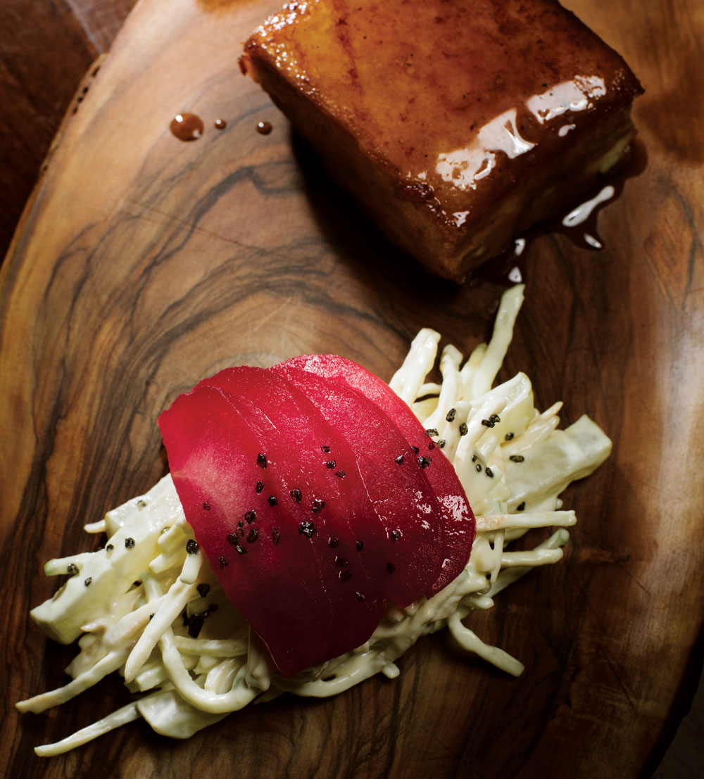 Lacquered pork belly with celeriac remoulade and poached and pickled apple.