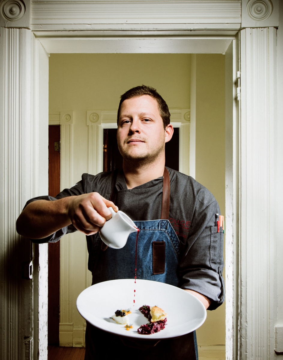 Executive chef Jamie Harling, serving duck confit perogies, braised red cabbage, crème fraîche, dill, Northern Divine caviar, beet dashi.