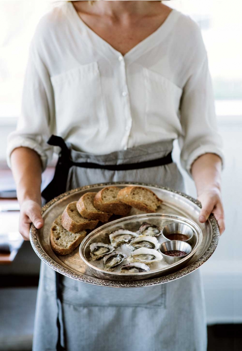 Red-fife sourdough bread and oysters mignonette with fermented hot sauce.