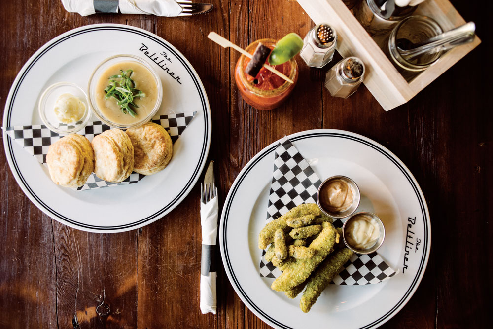 Biscuits and gravy (left) and deep-fried pickles (right).