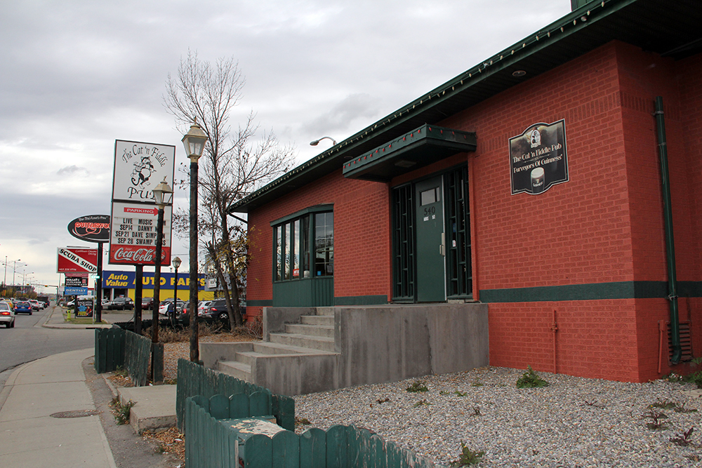 The Cat ‘n Fiddle Pub is at the intersection of 16th Avenue and 5th Street N.W. The panelled windows beside the door are reminiscent of stained glass from when the building was a chapel.