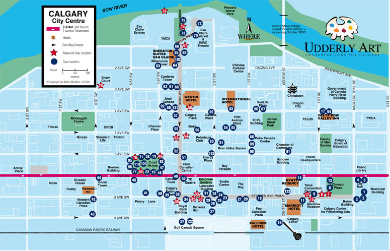 A Map of the Udderly Art cow locations in downtown Calgary during the event.