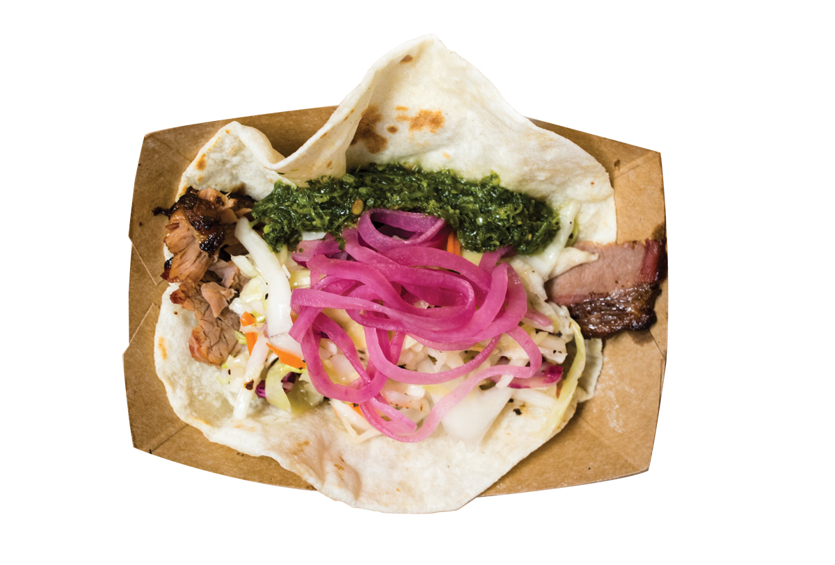 House-smoked brisket tacos with chimichurri sauce from Paddy’s Barbecue & Brewery.