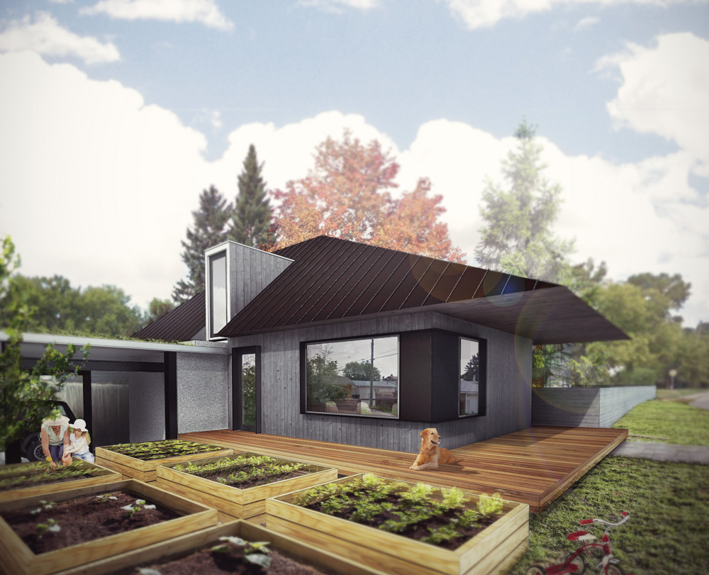 This laneway home was designed with a corner lot in mind. This view shows the front