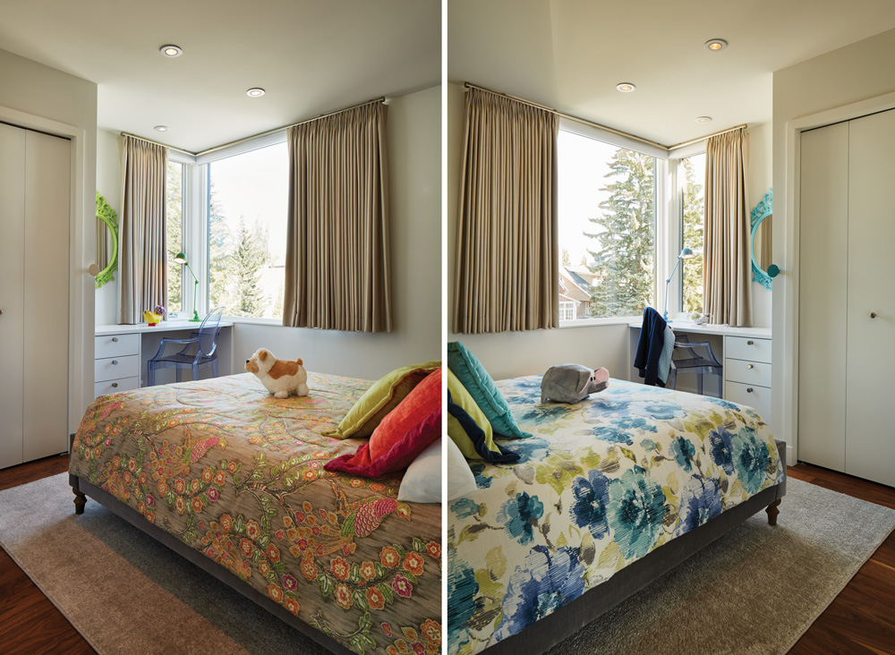 Preteen twins Agatha and Sophia infused their own personal style into their complementary spaces by painting the same IKEA mirror in vibrant shades of their choice and selecting different bedding colour schemes and styles.