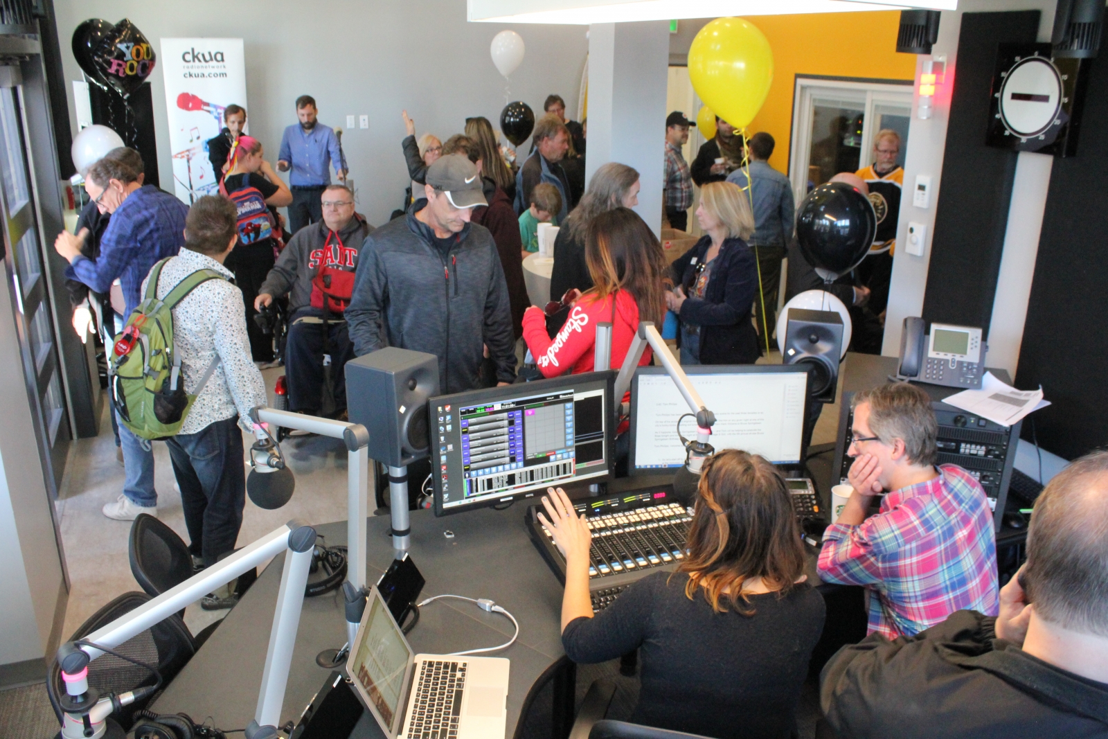 CKUA's 1,100-square-foot space features an open air concept with workstations spread throughout that doubles as a multi-purpose space, as well as a soundproof booth and a more open studio space that allows the occasional sounds of nearby 4th street traffic to trickle in.