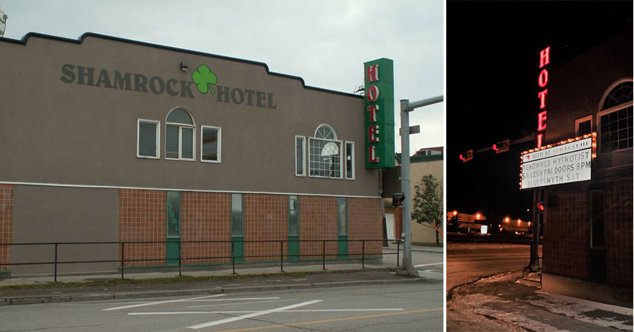 East side of the hotel showing the neon sign, June 2014 (left). Night view showing the neon sign, December 1, 2014 (right).Â