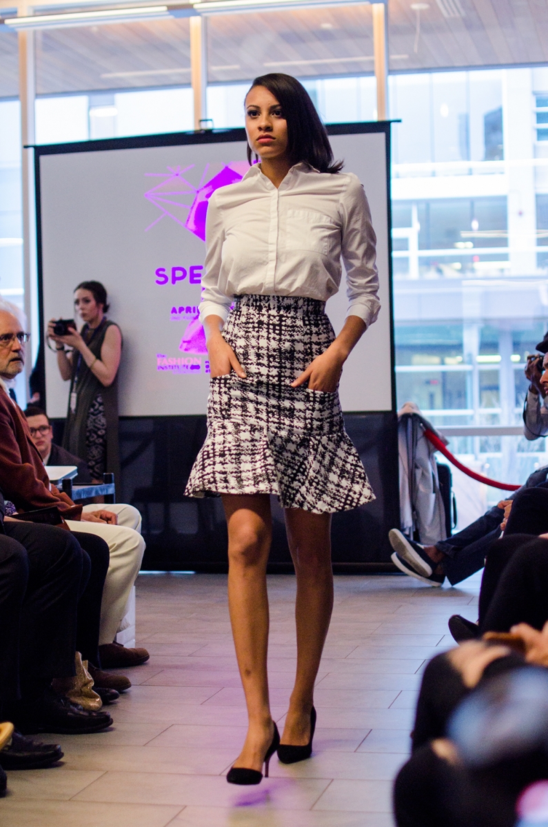 The students offered up their own interpretations on ready-to-wear. This patterned and flared pencil skirt could easily be a part of any young professional's wardrobe.