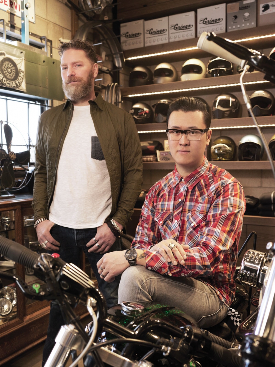 (On Peter, left) Balenciaga jacket from Nordstrom in Seattle; RedWhiteBlue Co. T-shirt and Repop-MFG ring from IFK-TANK; jeans from Double RL in Los Angeles; Grok Leather bracelet (worn throughout) purchased in Japan; Steven Webster silver bracelet (worn throughout) from Maxfield’s Los Angeles; David Yurman rings (worn throughout) from Holt Renfrew.(On Kenny) Engineered Garments shirt from Understudy; 511 jeans from Levi’s; Nixon watch from Spareparts; Tres Noir eyewear (worn throughout) and Repop-MFG ring (worn throughout) from IFK-TANK; Triumph ring (worn throughout) from Gypsy Leather in Australia.