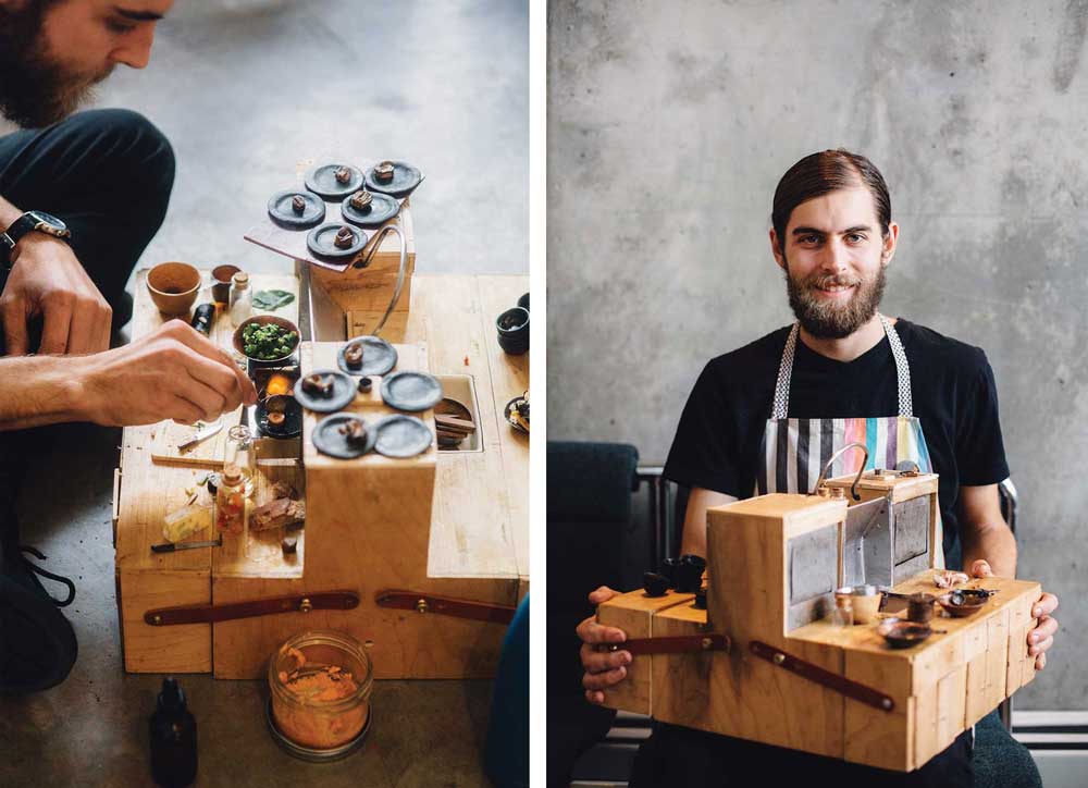 Tom Brown cooks on this functional miniature kitchen.