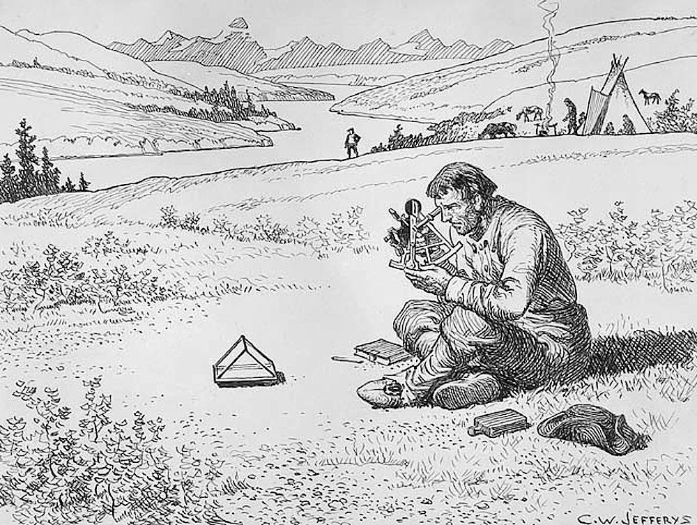 Another sketch by C.W. Jefferys, this time of Thompson using a sextant to map out his progress.