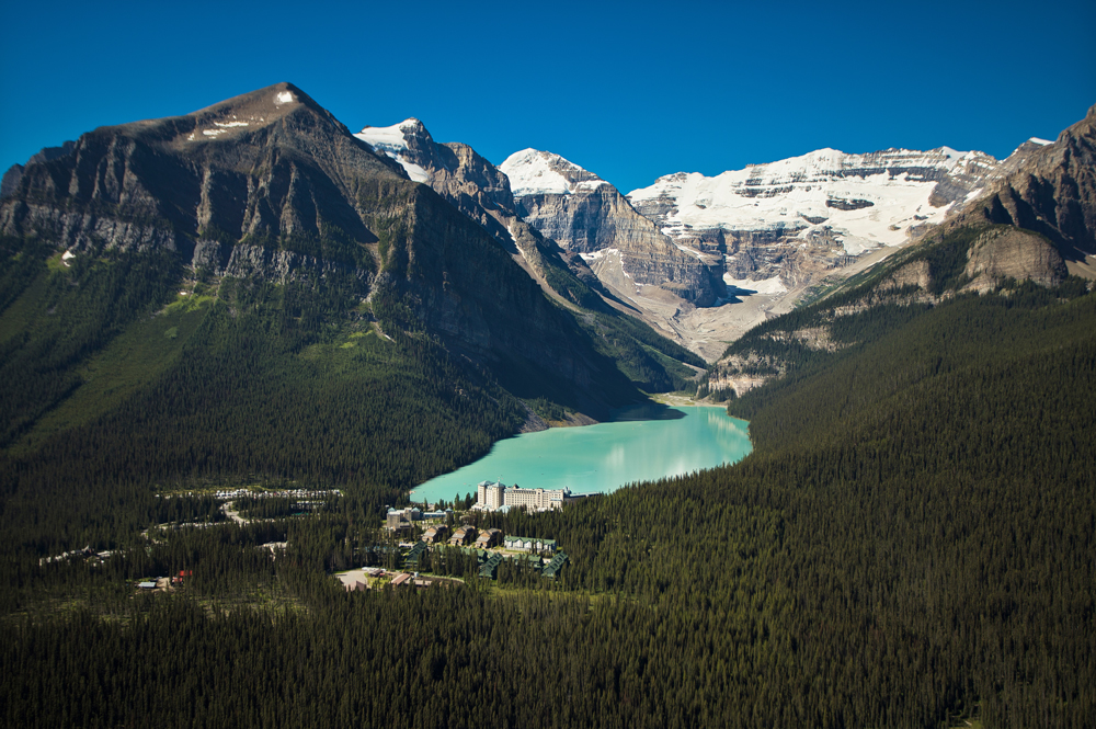 The Fairmont Chateau Lake Louise sits on the emerald waters of Lake Louise.