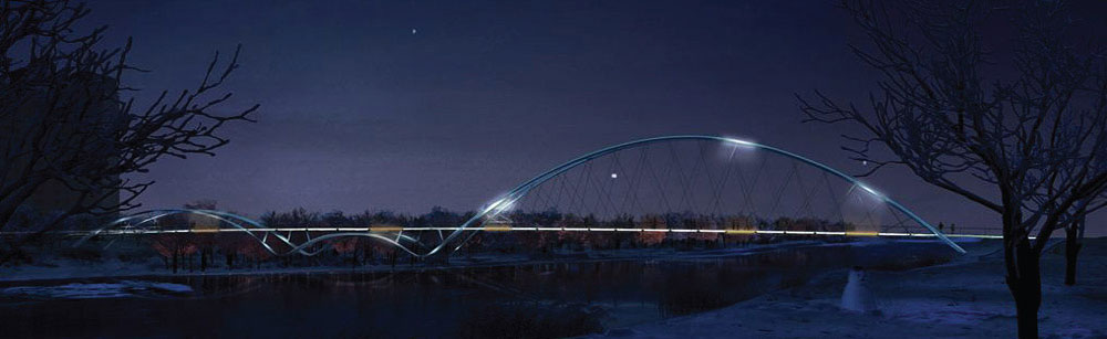 A drawing of the St Patrick's bridge at night.